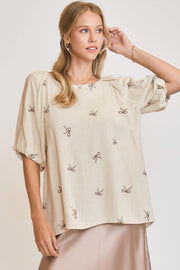 Umgee full size Linen Blend Ribbon Embroidered Top, plus size.