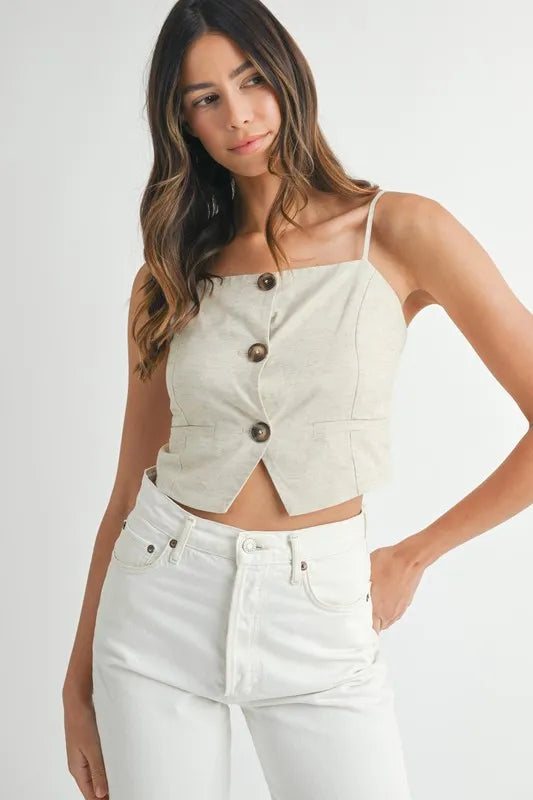Linen mix button down tank top.