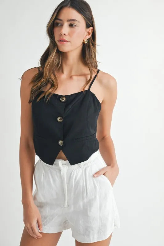 Linen mix button down tank top.