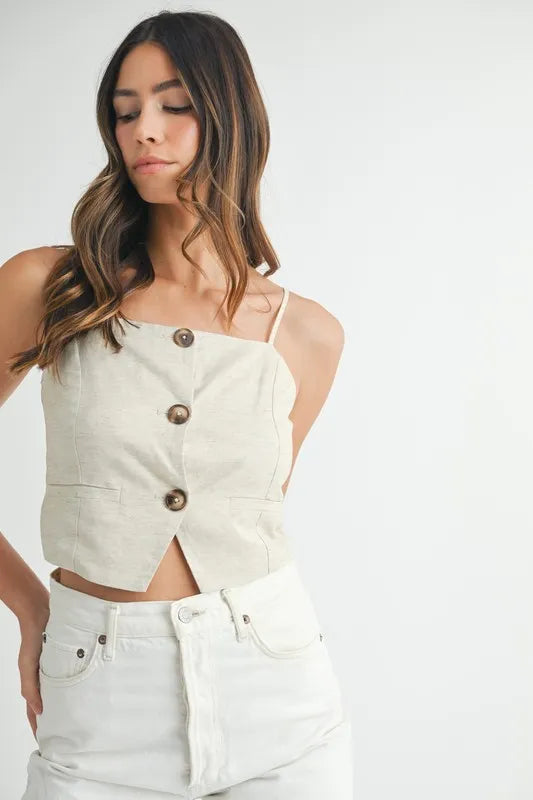 Linen mix button down tank top.