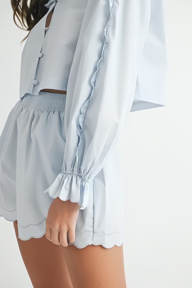 Women's long sleeve scallop blouse and shorts two-piece set with ruffles