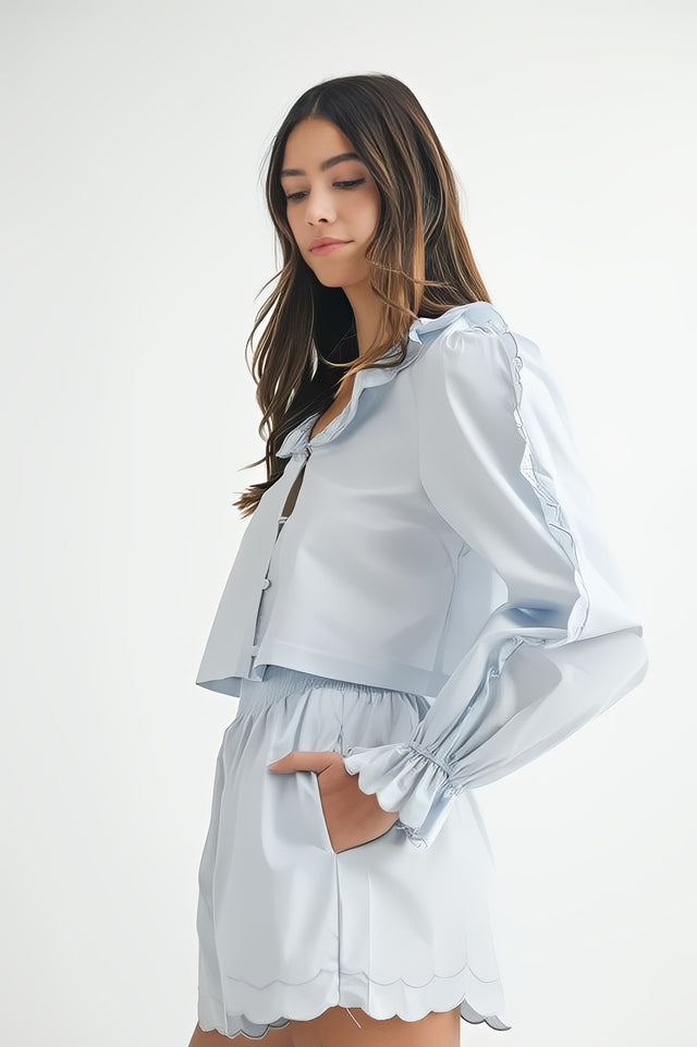 Women's long sleeve scallop blouse and shorts two-piece set with ruffles