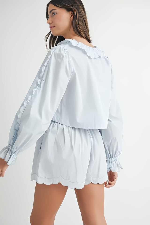 Women's long sleeve scallop blouse and shorts two-piece set with ruffles
