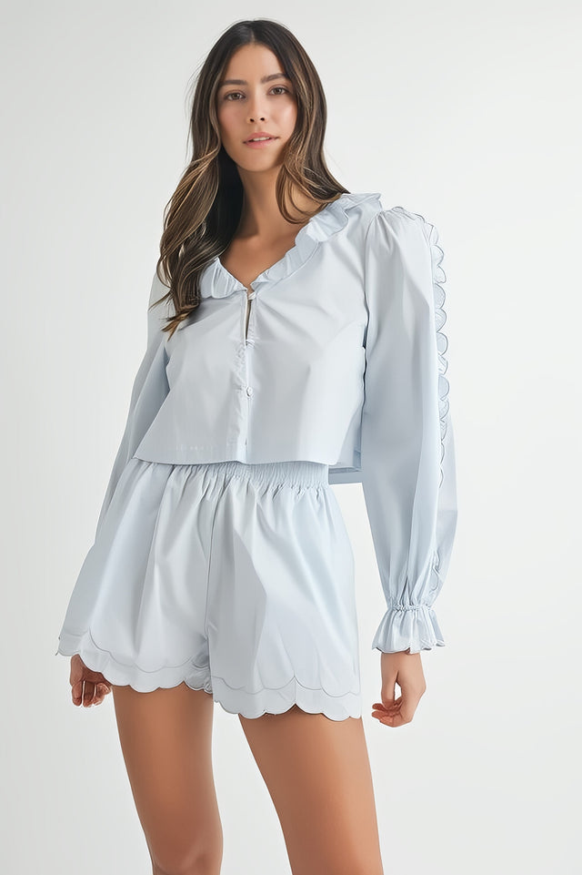 Women's long sleeve scallop blouse and shorts two-piece set with ruffles