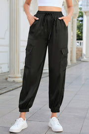 Long tie waist pocketed pants, casual style.