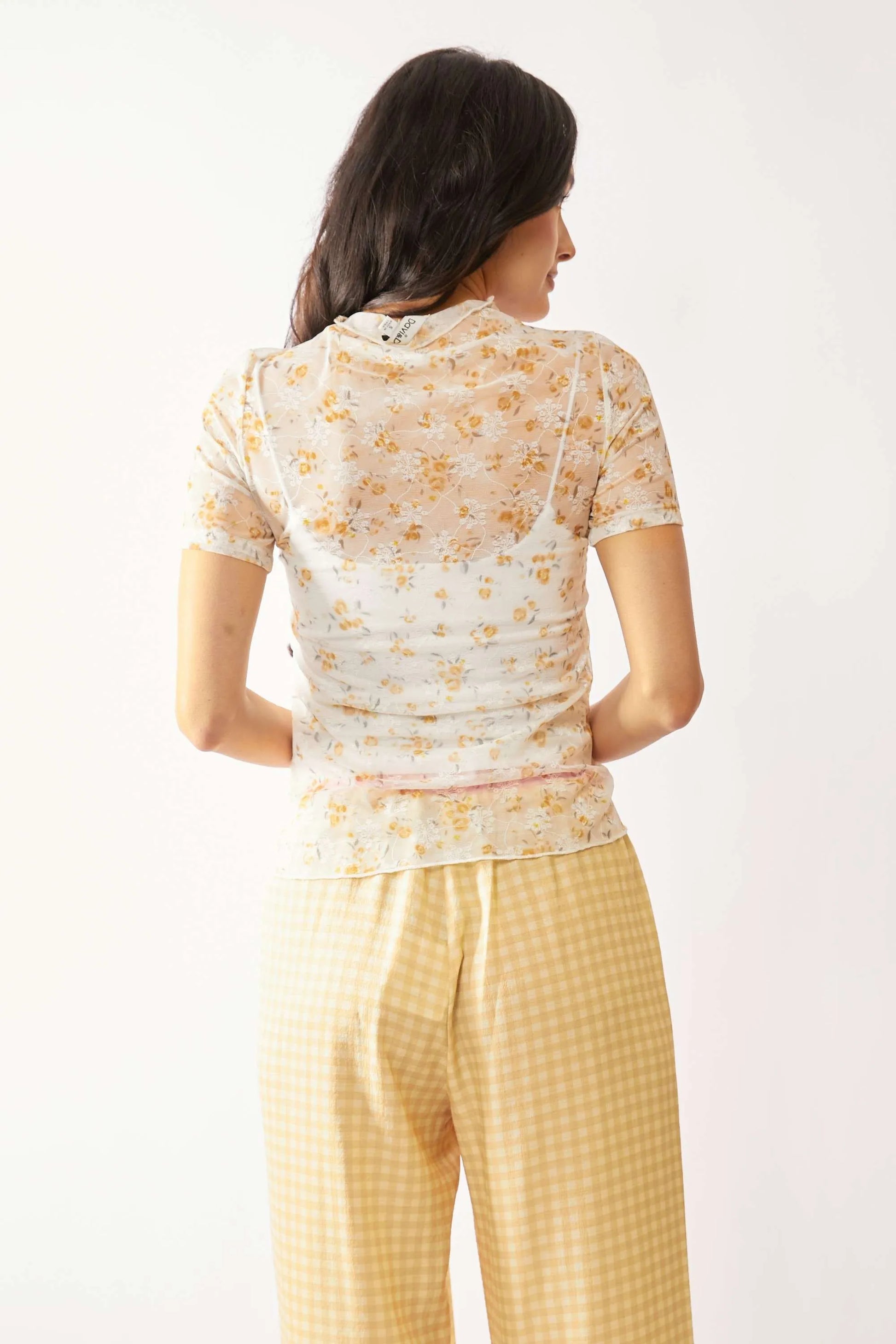 Davi Dani Loose Turtle Neck Lace Mesh Lace Sheer Top.