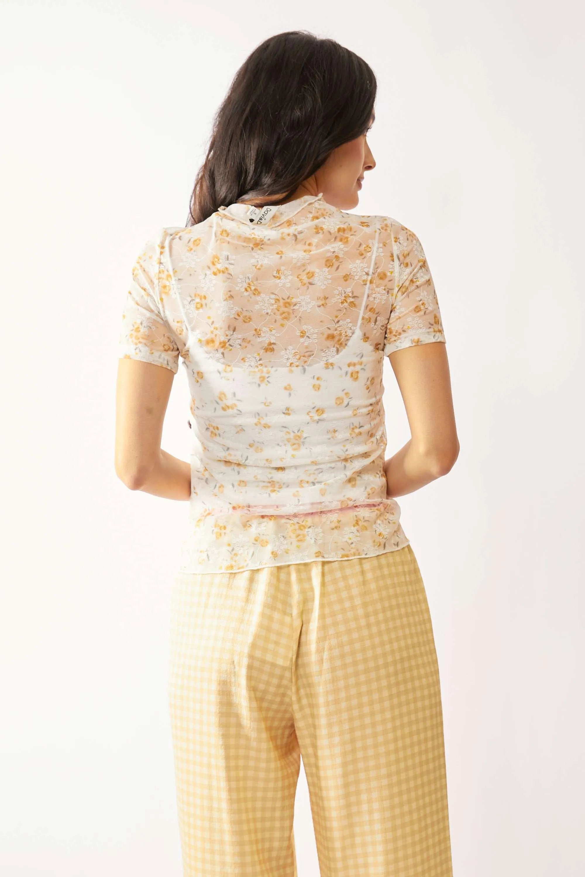 Davi Dani Loose Turtle Neck Lace Mesh Lace Sheer Top.
