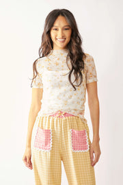 Davi Dani Loose Turtle Neck Lace Mesh Lace Sheer Top.