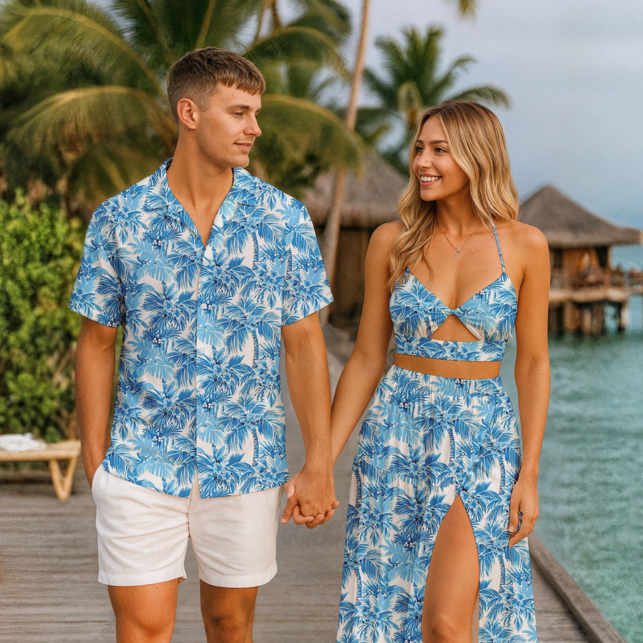 Matching Couples Outfits - Blue Palm Trees I