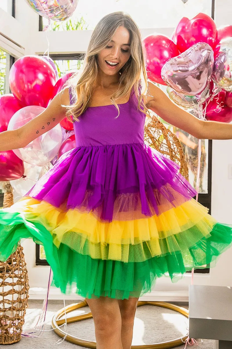 Bibi Mardi Gras Color Block Layered Mesh Tiered Dress.