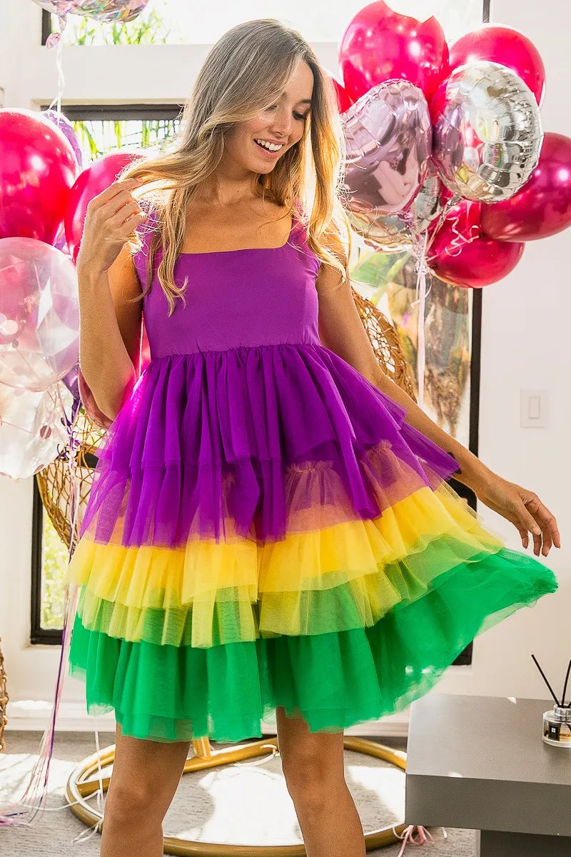 Bibi Mardi Gras Color Block Layered Mesh Tiered Dress.