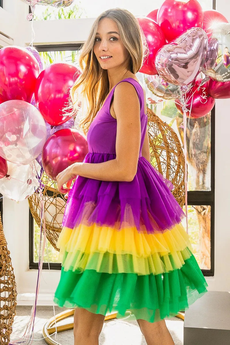 Bibi Mardi Gras Color Block Layered Mesh Tiered Dress.