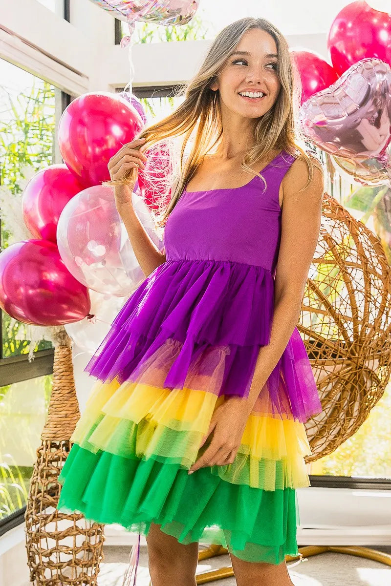 Bibi Mardi Gras Color Block Layered Mesh Tiered Dress.