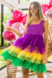 Bibi Mardi Gras Color Block Layered Mesh Tiered Dress.