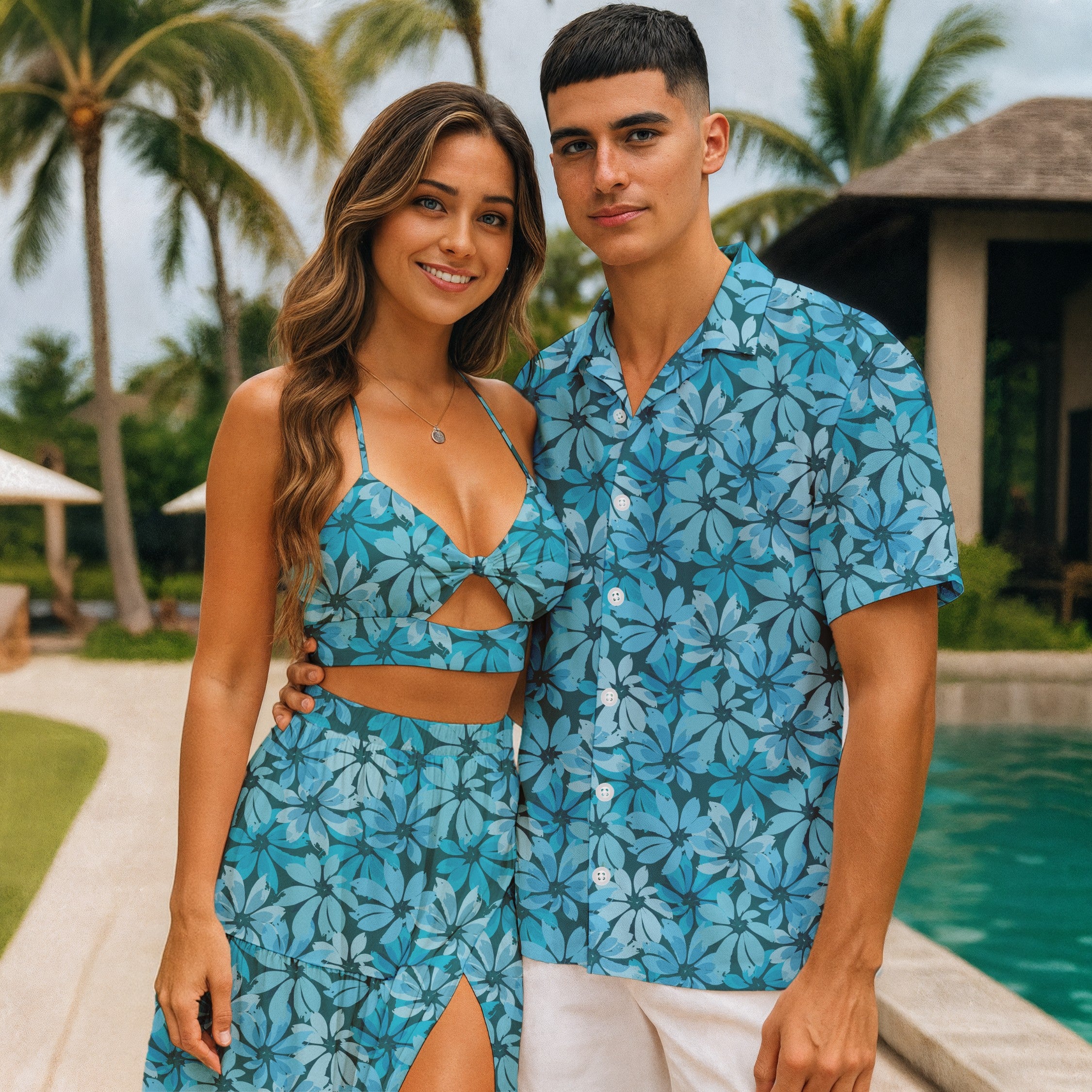 Matching Couples Outfits - Tropical Blue Floral I