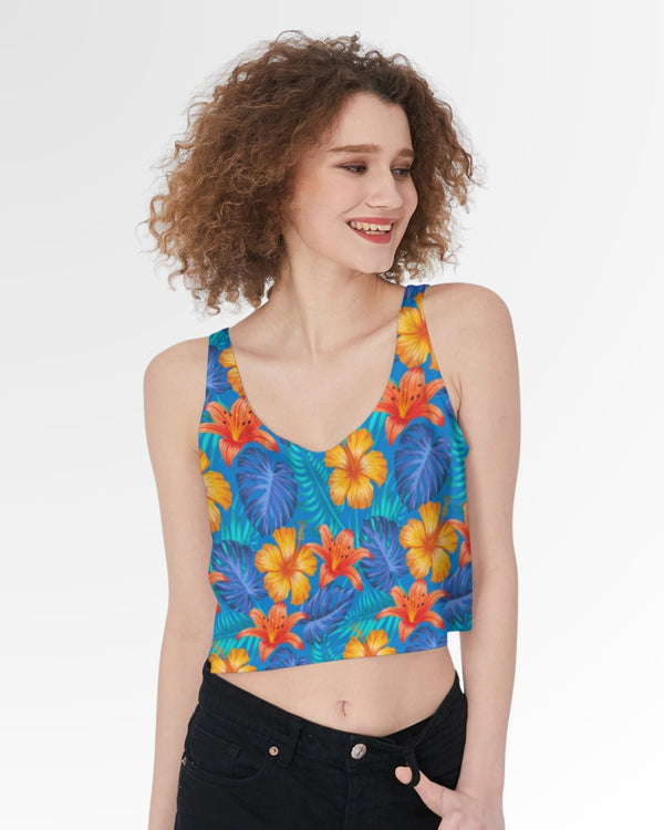 Crop Tank - Bright Blue & Orange Tropical Floral