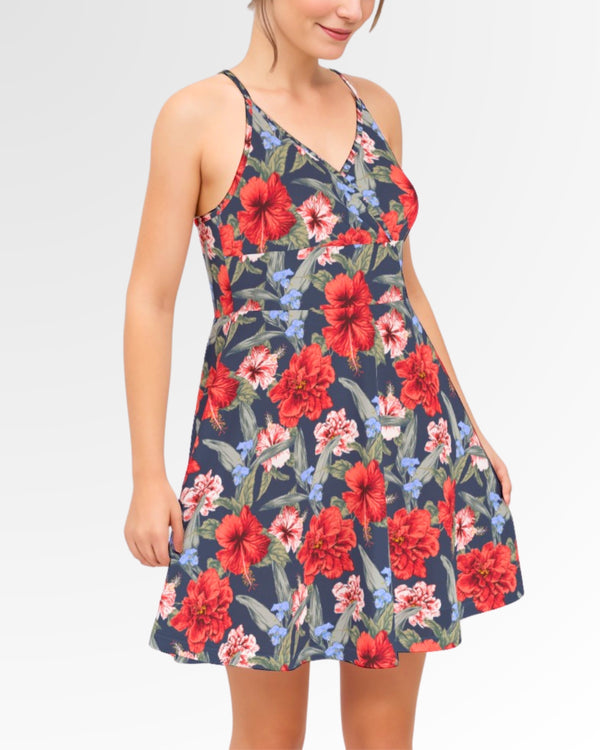 Cross Back Sun Dress - Red Tropical Hibiscus Floral