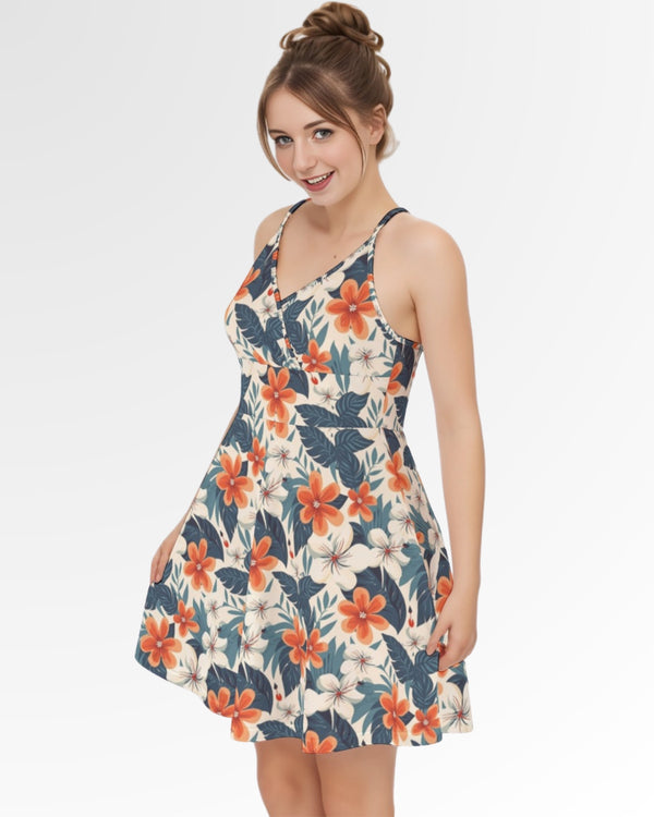 Cross Back Sun Dress - Retro Tropical Floral
