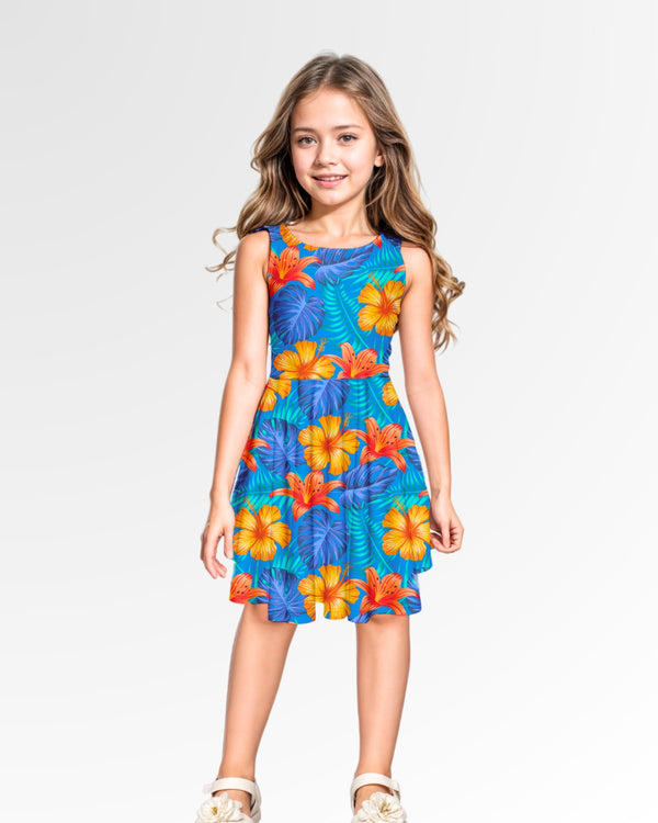 Girls Dress - Bright Blue & Orange Tropical Floral