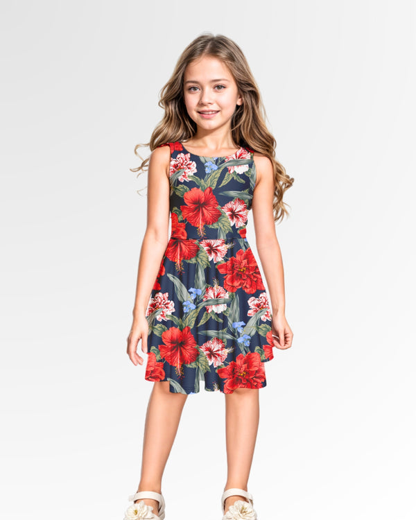 Girls Dress - Red Tropical Hibiscus Floral