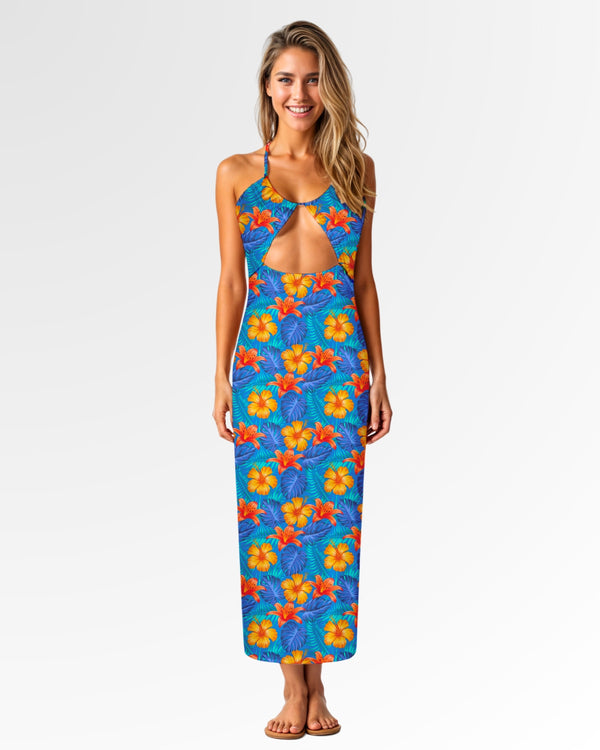 Halter Maxi Dress - Bright Blue & Orange Tropical Floral