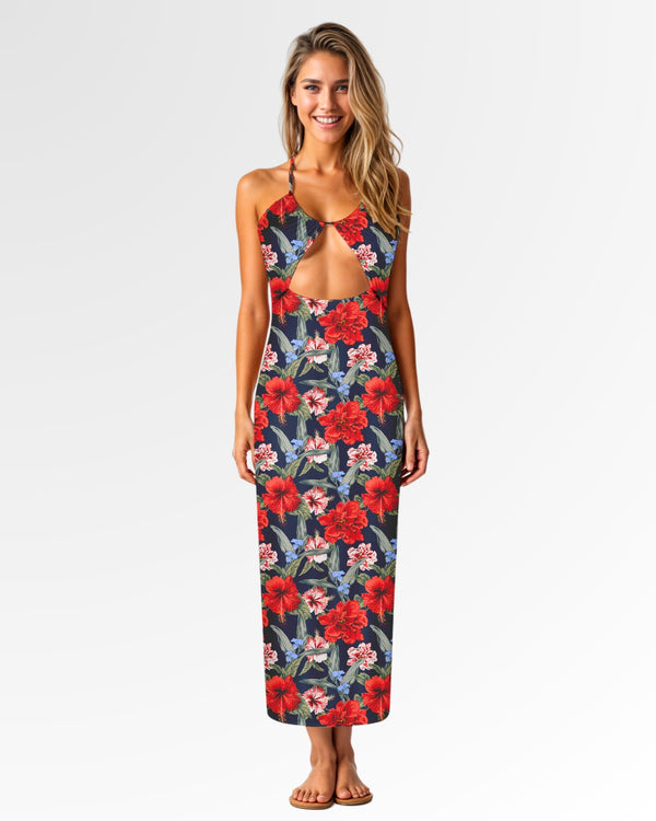 Halter Maxi Dress - Red Tropical Hibiscus Floral