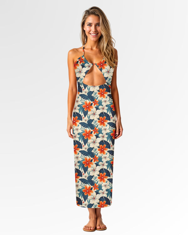 Halter Maxi Dress - Retro Tropical Floral