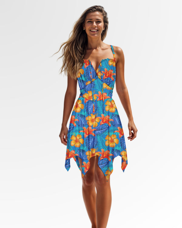 Hankerchief Hem Dress - Bright Blue & Orange Tropical Floral