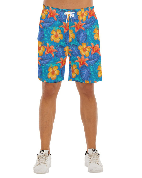 Mens Beach Shorts - Bright Blue & Orange Tropical Floral