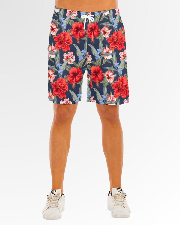 Mens Beach Shorts - Red Tropical Hibiscus Floral