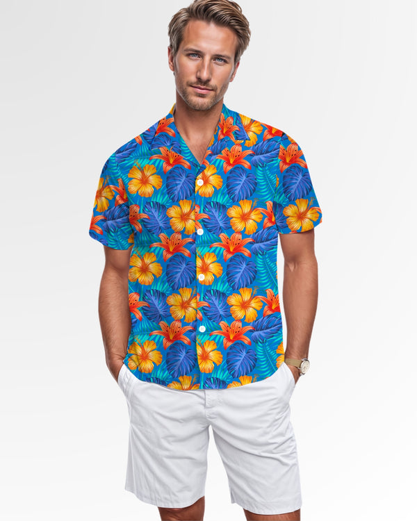 Mens Hawaiian Shirt - Bright Blue & Orange Tropical Floral