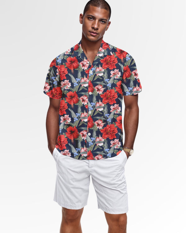 Mens Hawaiian Shirt - Red Tropical Hibiscus Floral