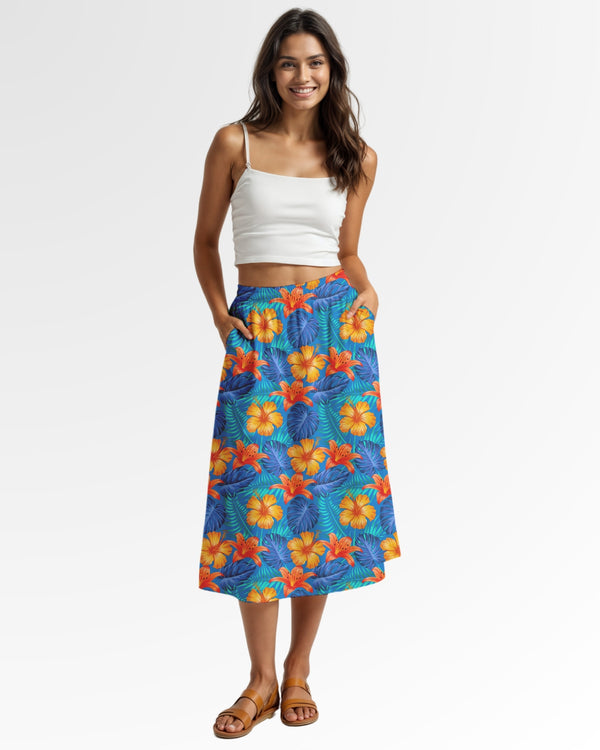 Midi Skirt - Bright Blue & Orange Tropical Floral