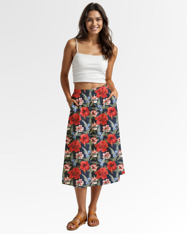 Midi Skirt - Red Tropical Hibiscus Floral