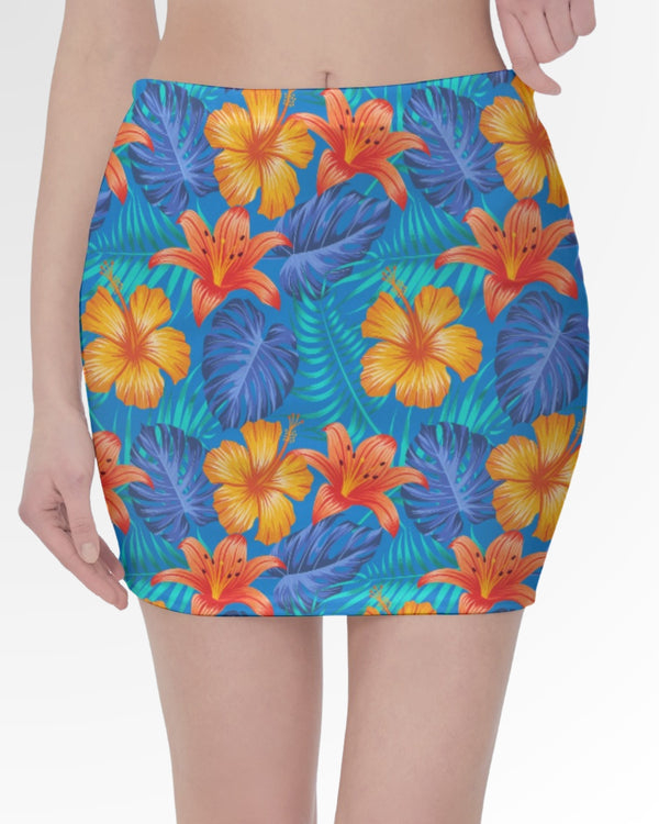 Mini Skirt - Bright Blue & Orange Tropical Floral