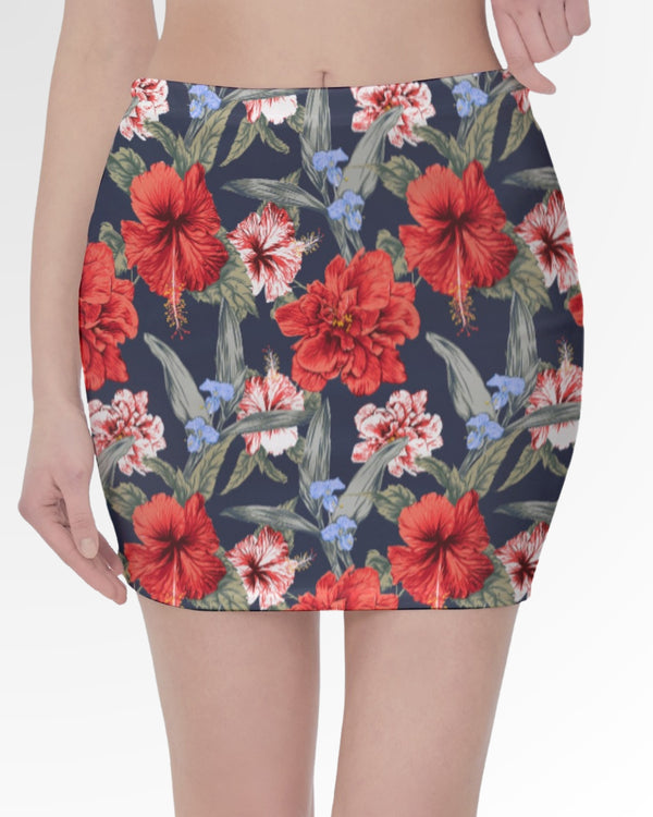 Mini Skirt - Red Tropical Hibiscus Floral