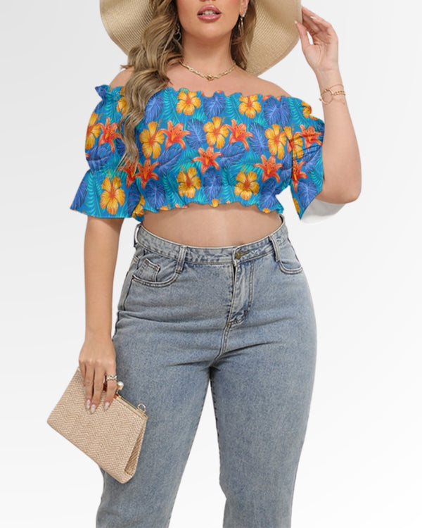 Off-shoulder Crop Top - Bright Blue & Orange Tropical Floral