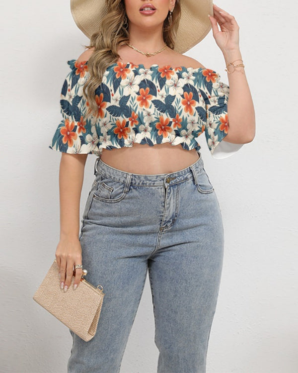 Off-shoulder Crop Top - Retro Tropical Floral