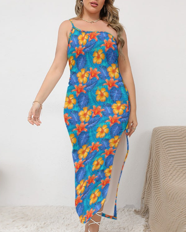 One-shoulder Maxi Dress - Bright Blue & Orange Tropical Floral