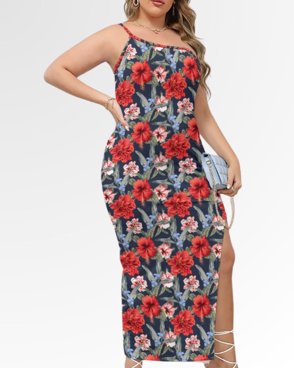 One-shoulder Maxi Dress - Red Tropical Hibiscus Floral