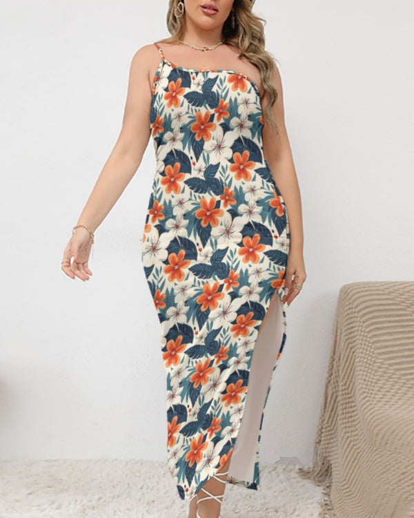 One-shoulder Maxi Dress - Retro Tropical Floral