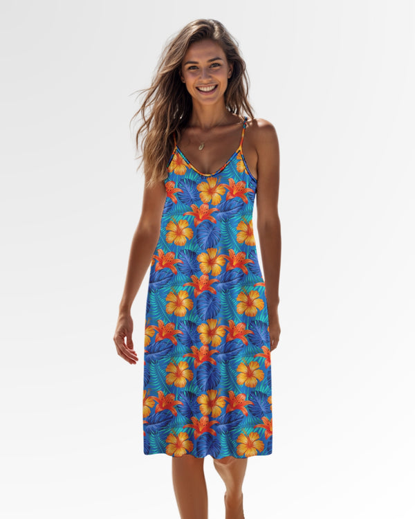 Slip Dress - Bright Blue & Orange Tropical Floral