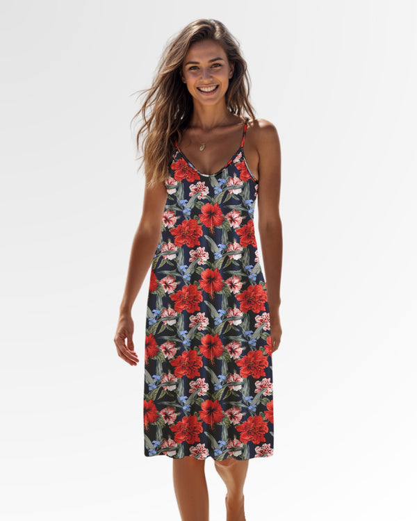 Slip Dress - Red Tropical Hibiscus Floral