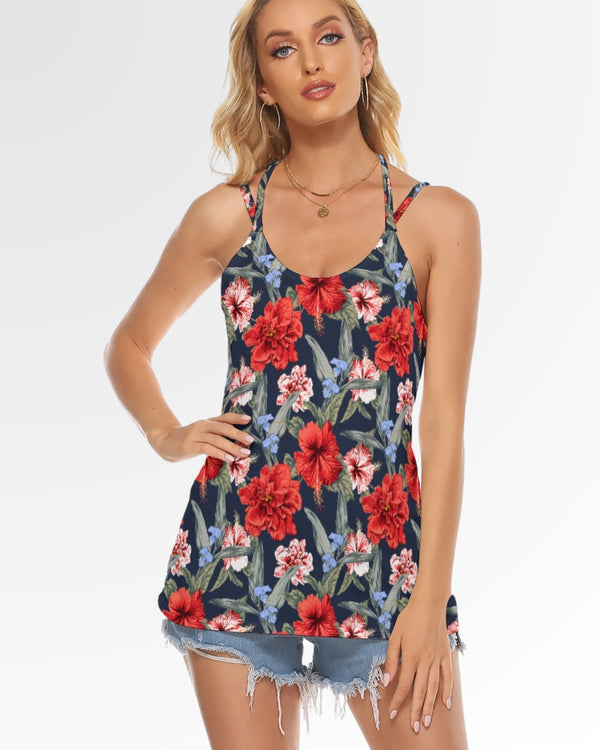Spaghetti Strap Tank - Red Tropical Hibiscus Floral