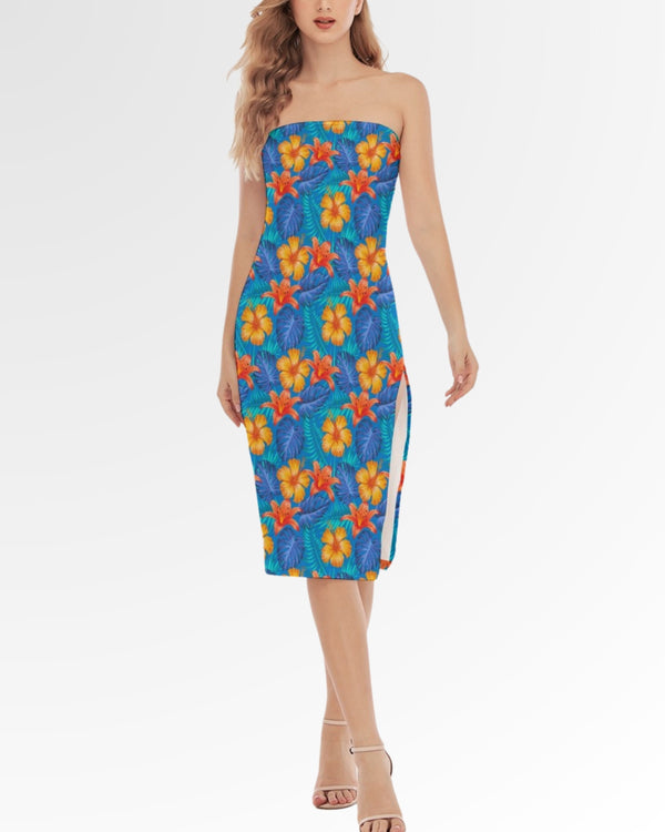 Tube Dress - Bright Blue & Orange Tropical Floral