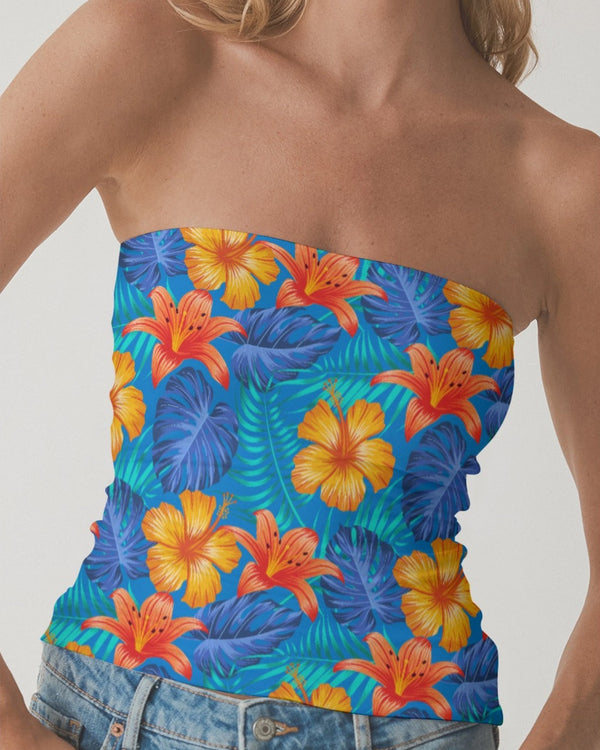 Tube Top - Bright Blue & Orange Tropical Floral
