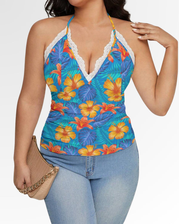 V-Neck Lace Cami - Bright Blue & Orange Tropical Floral