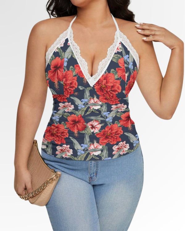 V-Neck Lace Cami - Red Tropical Hibiscus Floral