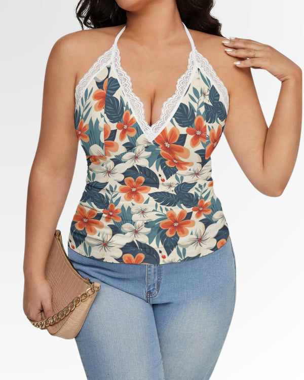 V-Neck Lace Cami - Retro Tropical Floral