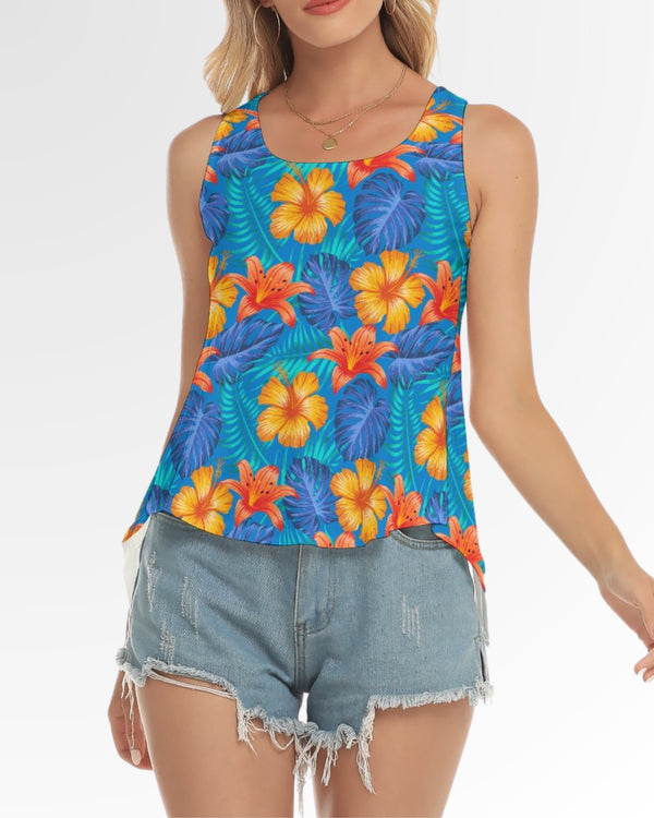 Wide Strap Tank - Bright Blue & Orange Tropical Floral